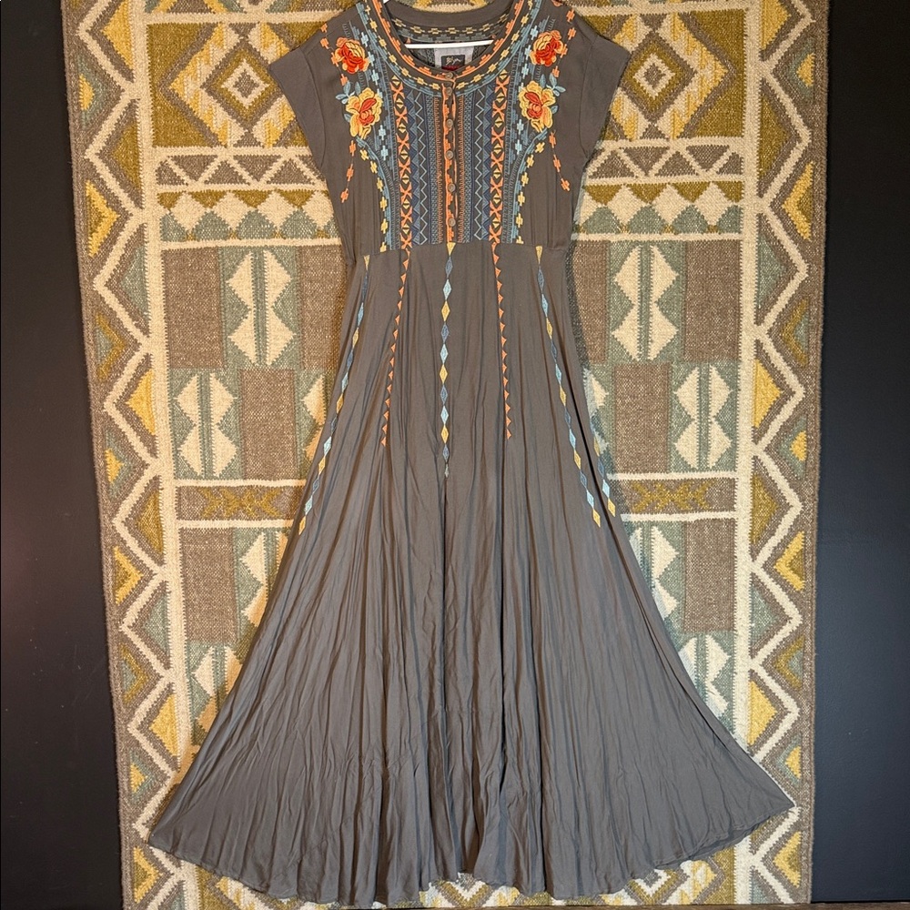 Johnny Was Gray Maxi Dress with Orange, Yellow & Light Blue Embroidery - Picture 1 of 7